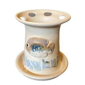 Handmade Pottery Fish Toothbrush Holder Signed 5 Hole Coastal Beach Ocean Decor